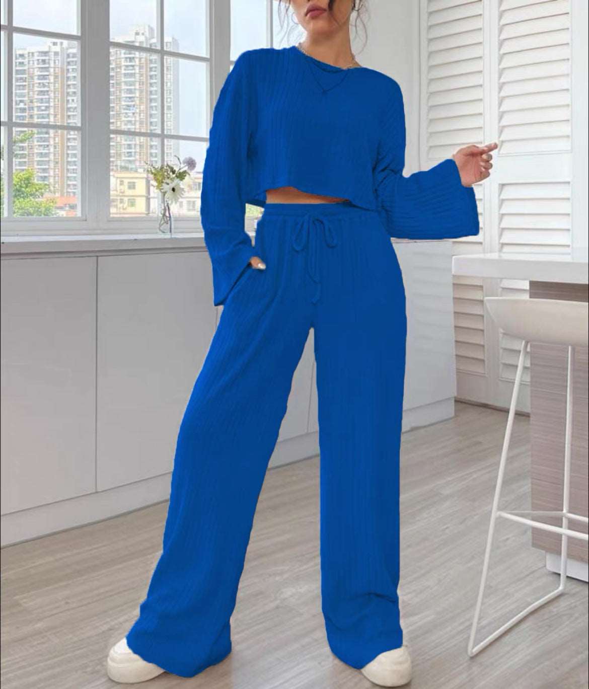 Women's Casual Loungewear Knitted Long Sleeve Top and Pants Outfit Set - ChoreGirl