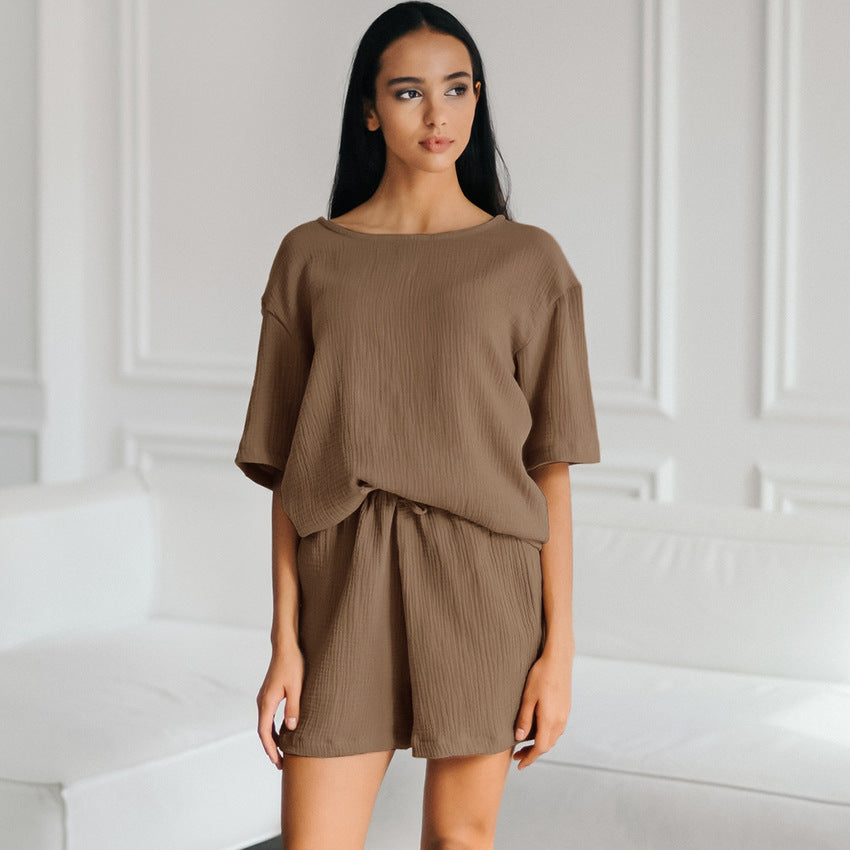 Women's Loose Double-layer Gauze Short-sleeved Shirt and Shorts Two-piece Pajamas Set - ChoreGirl