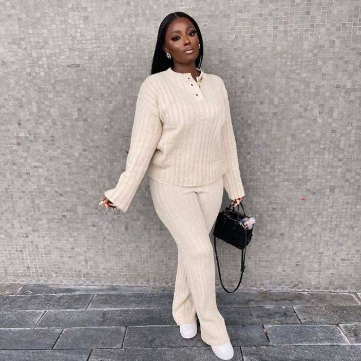 Women's Casual Knitted Long Sleeve Two-piece Outfit Set - ChoreGirl