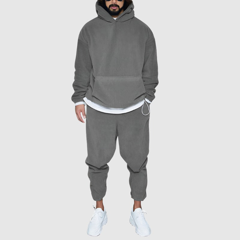 Men's Casual Solid Color Thermal Polar Fleece Hooded Drawstring Sweatshirt Outfit Set - ChoreGirl