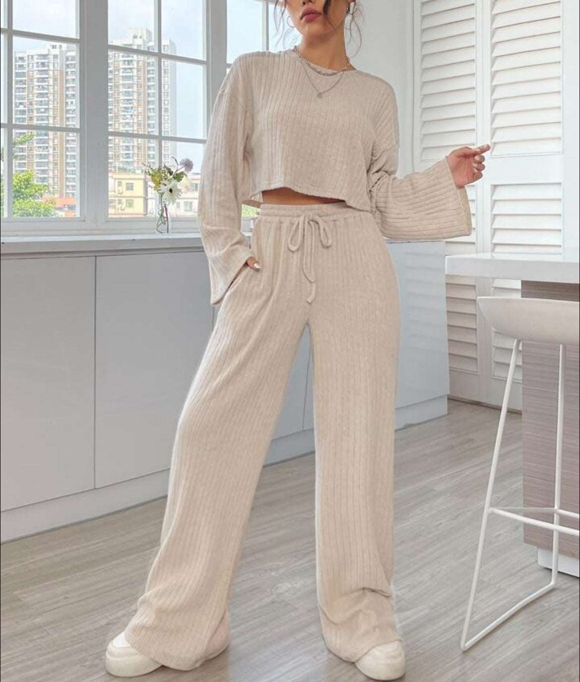 Women's Casual Loungewear Knitted Long Sleeve Top and Pants Outfit Set - ChoreGirl