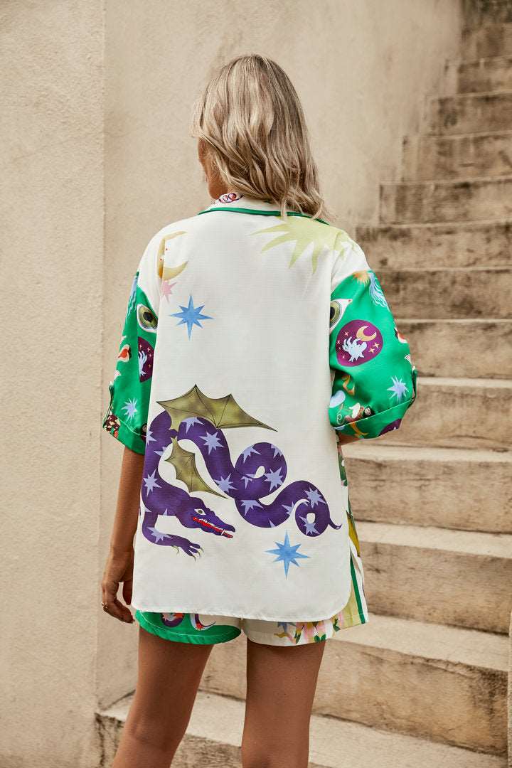 Women's Elegant Printed Short Sleeved Shirt and Shorts Loungewear Outfit Set - ChoreGirl