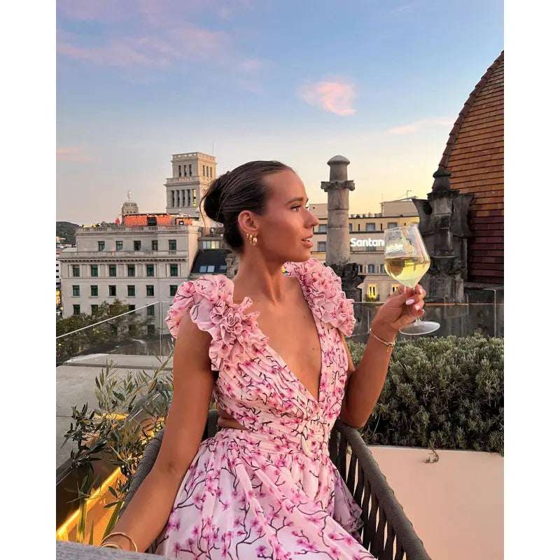 Women's Floral Pattern Ruffled Deep V-Neck Backless Dress - ChoreGirl