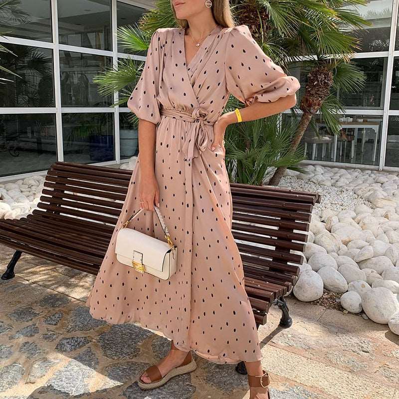 Women's Elegant Polka Dot Puff Sleeve Dress - ChoreGirl