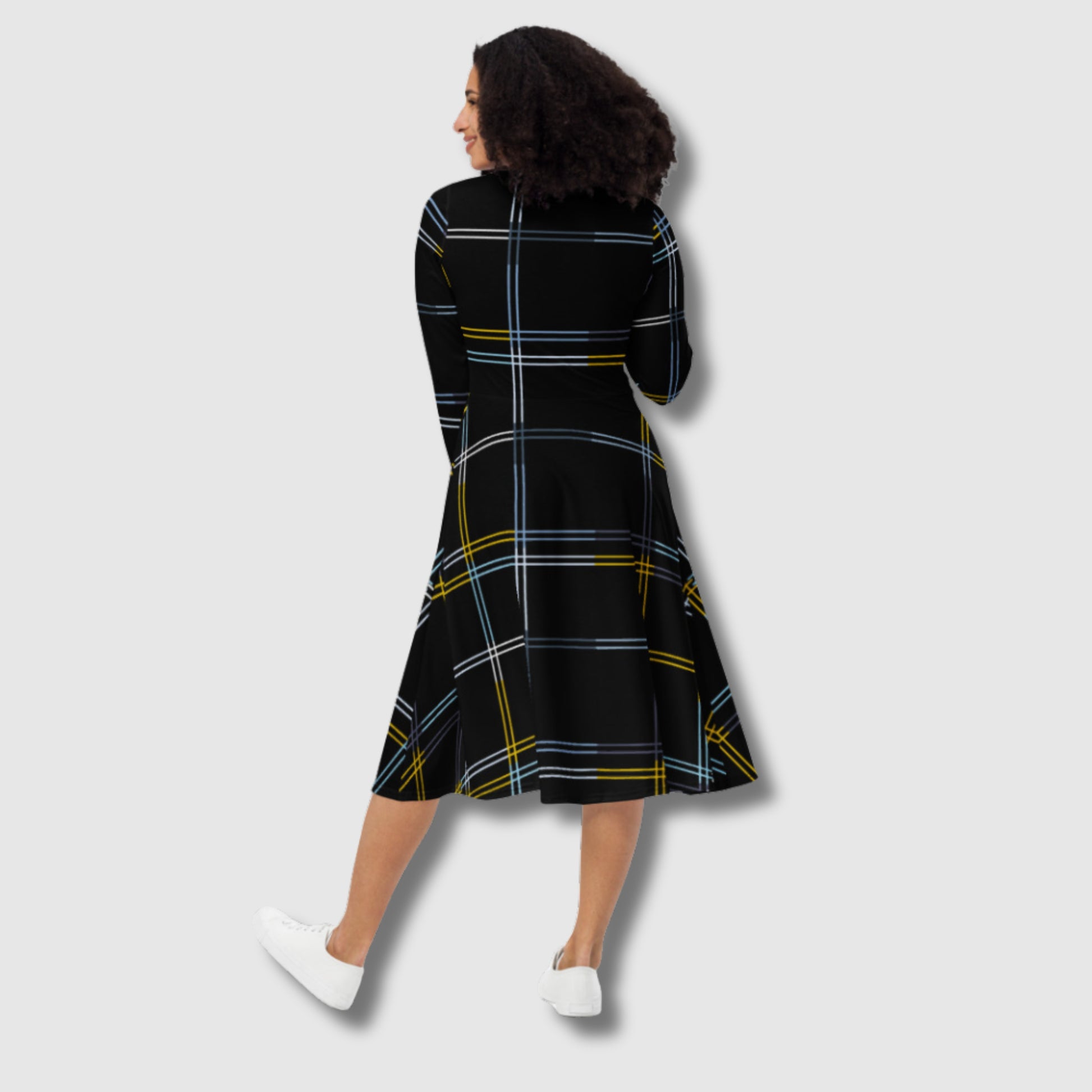 Custom Women's Black Long Sleeve Checkered Midi Dress with pockets | PERSONALIZED - ChoreGirl