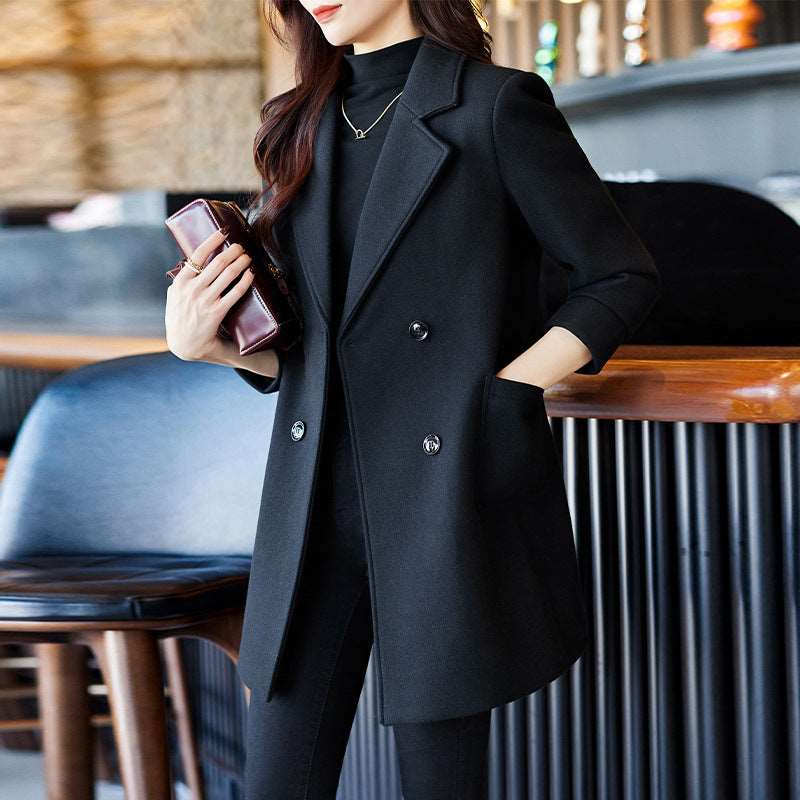 Women's Elegant Suit Jacket Black Double Breasted Coat - ChoreGirl