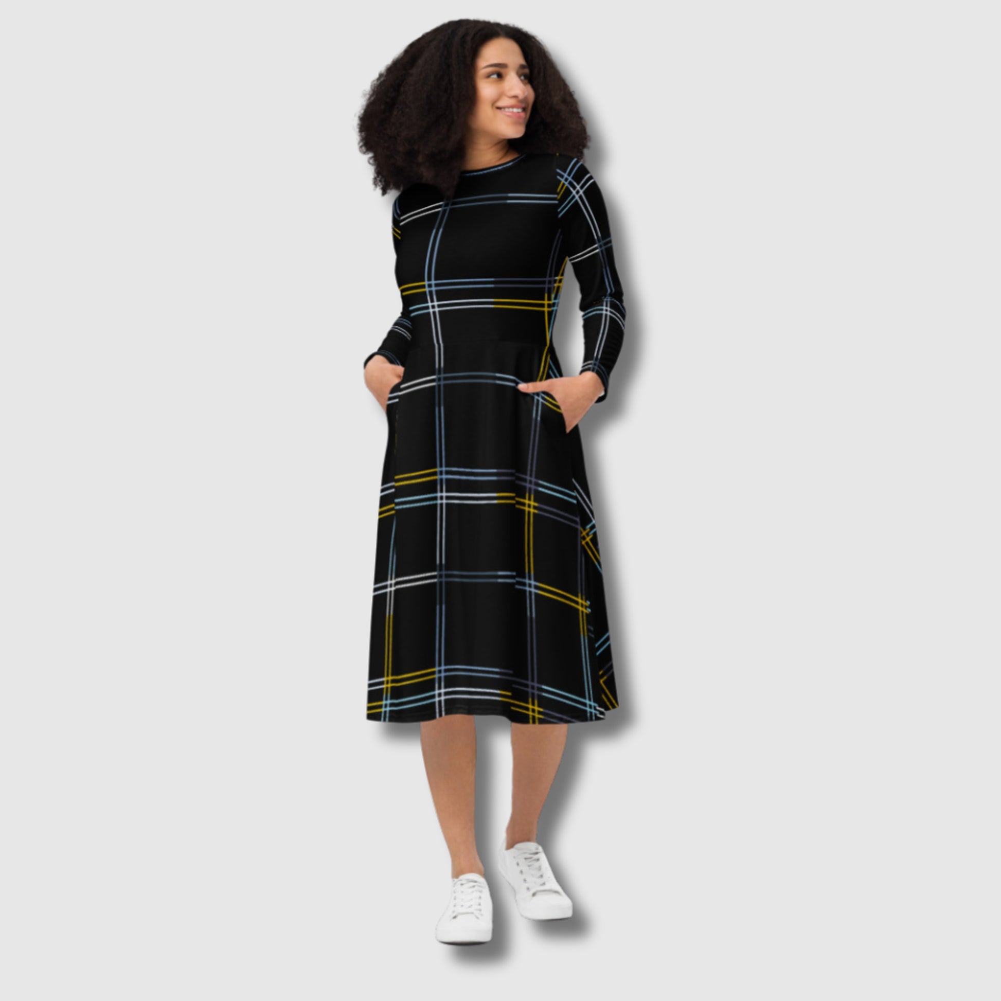 Custom Women's Black Long Sleeve Checkered Midi Dress with pockets | PERSONALIZED - ChoreGirl