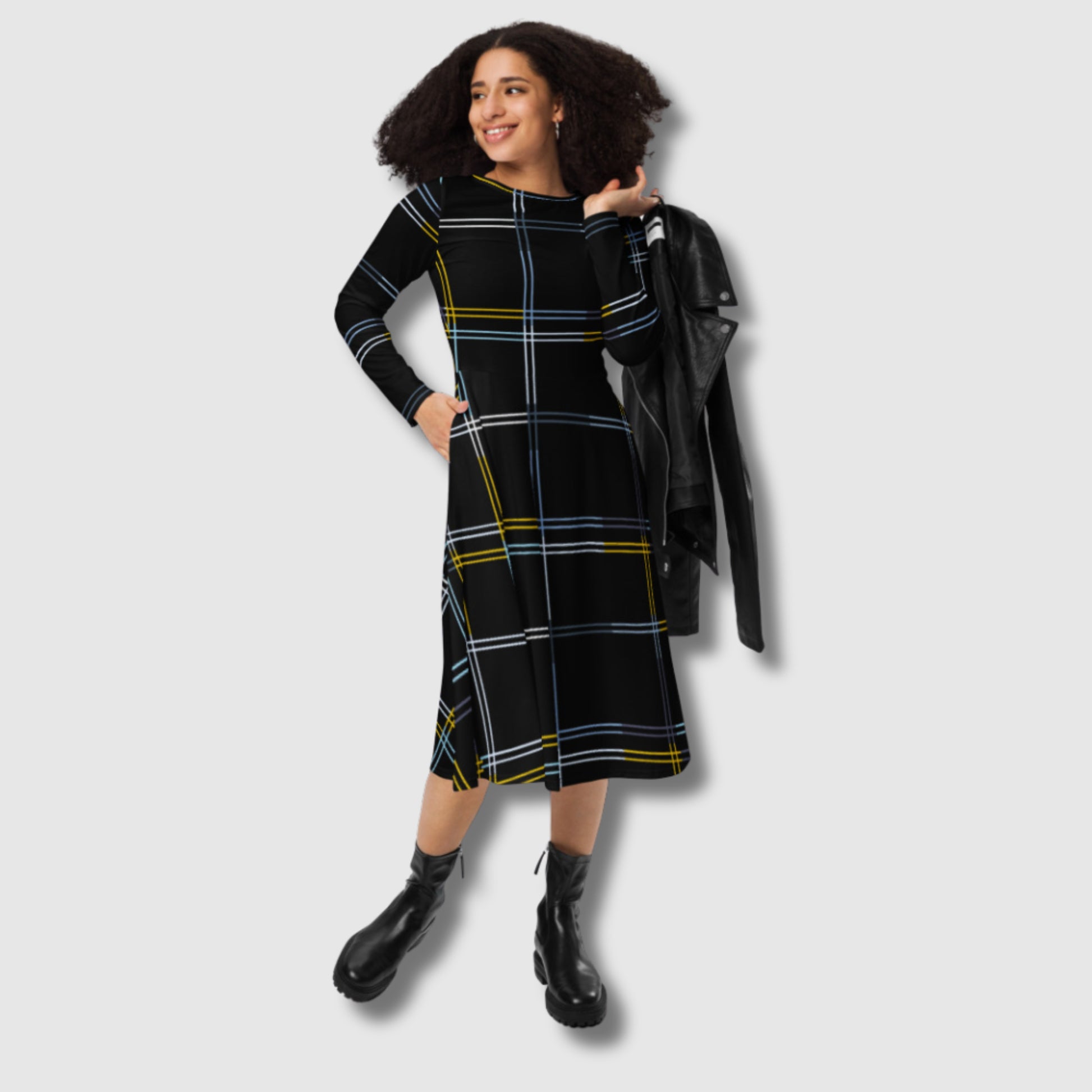 Custom Women's Black Long Sleeve Checkered Midi Dress with pockets | PERSONALIZED - ChoreGirl