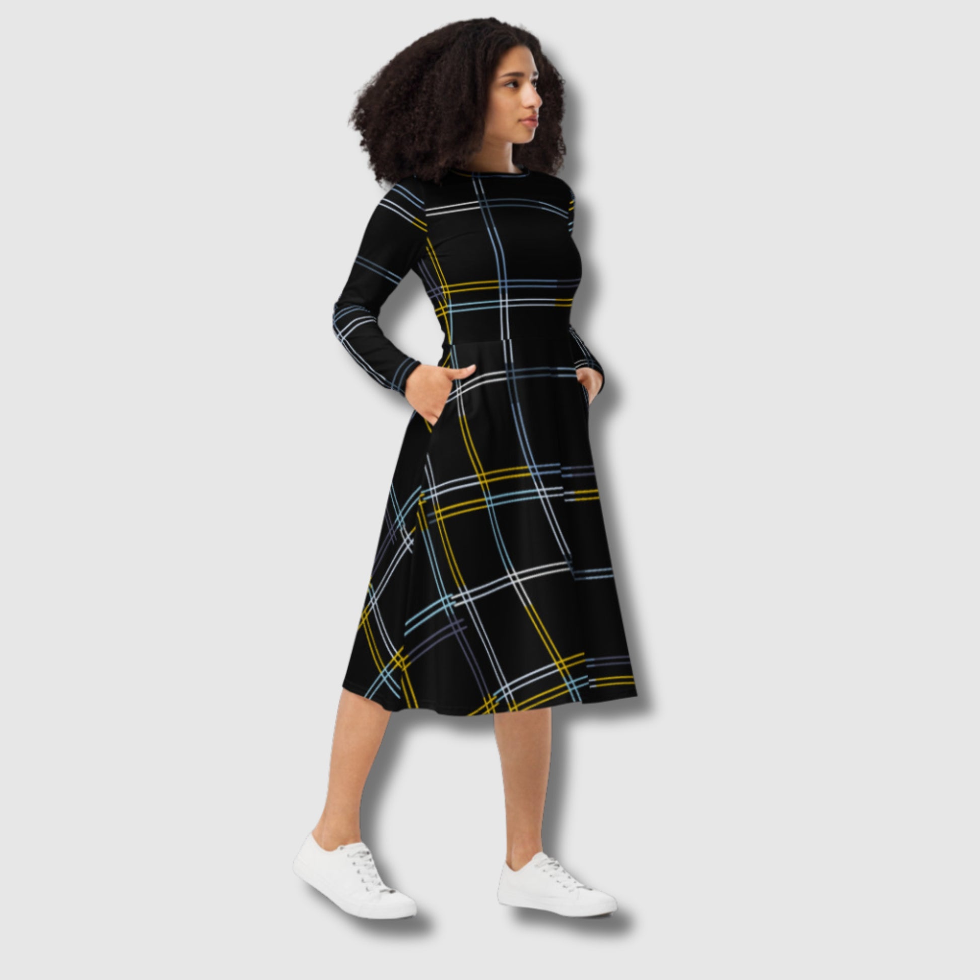 Custom Women's Black Long Sleeve Checkered Midi Dress with pockets | PERSONALIZED - ChoreGirl