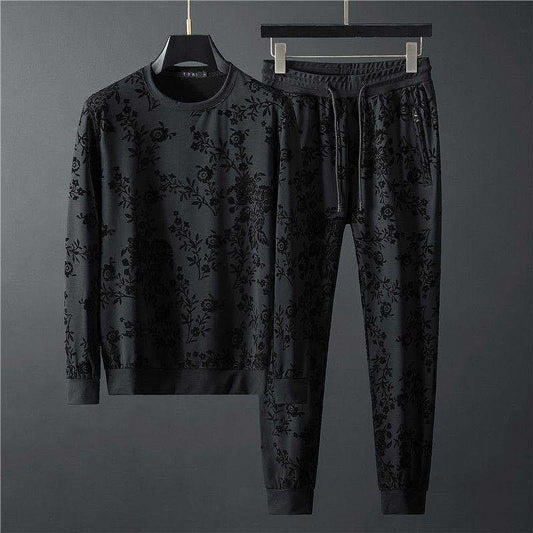 Men's Elegant Jacquard Round Neck Long-sleeved Sweatshirt and Trousers Two-piece Outfit Set - ChoreGirl