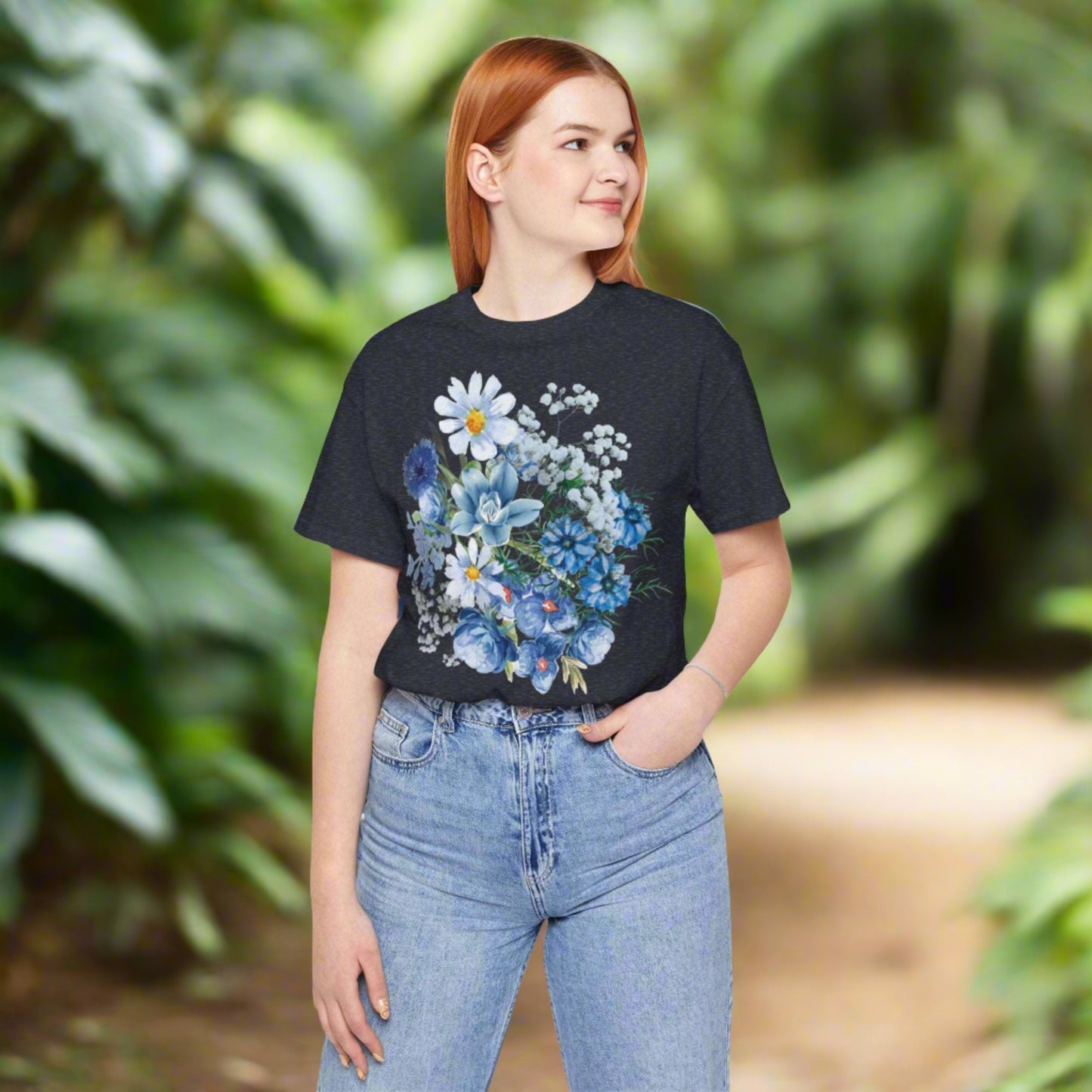 Custom Unisex Vintage Gardening Style Blue Flower Jersey Short Sleeve Tee | PERSONALIZED - ChoreGirl