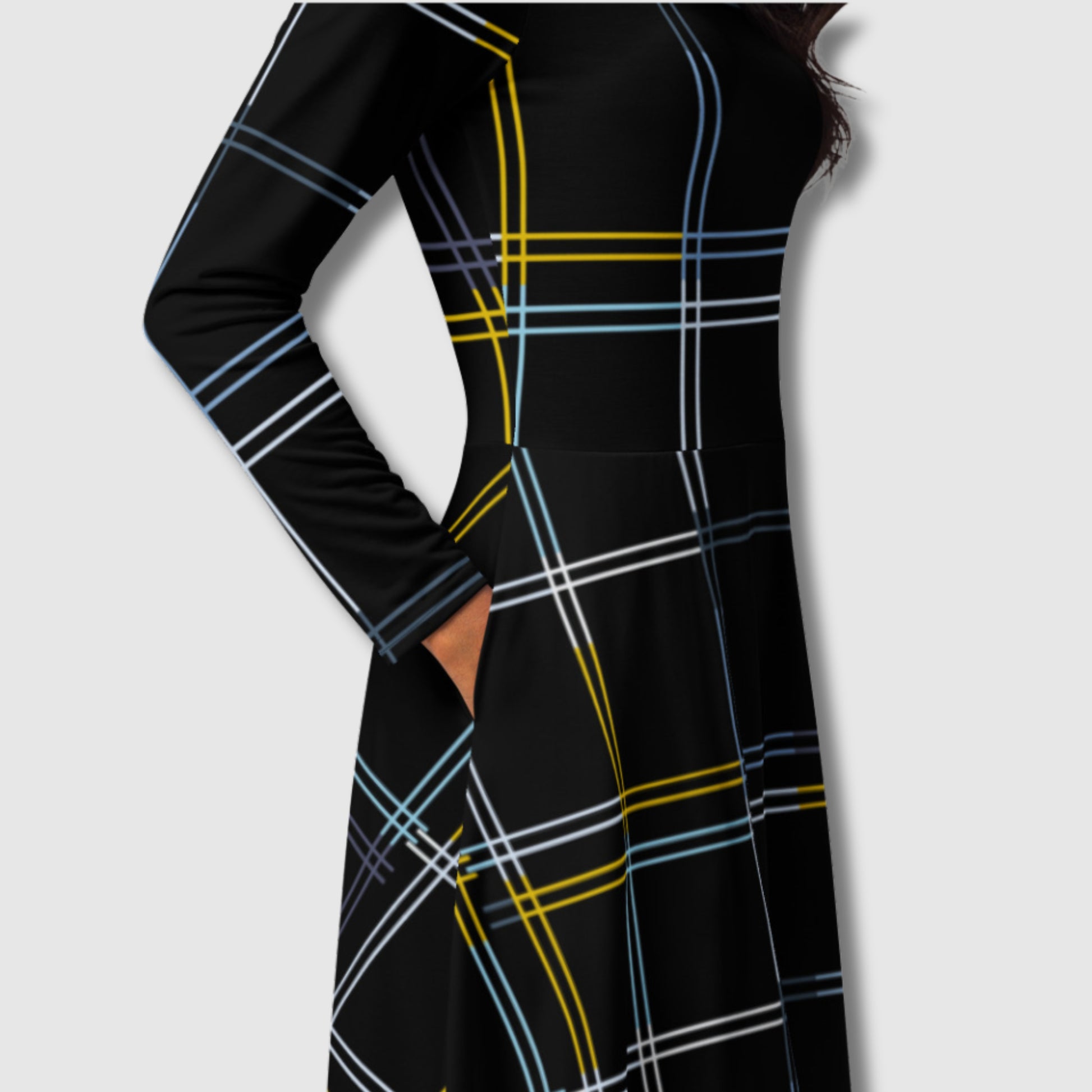 Custom Women's Black Long Sleeve Checkered Midi Dress with pockets | PERSONALIZED - ChoreGirl