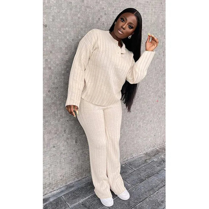 Women's Casual Knitted Long Sleeve Two-piece Outfit Set - ChoreGirl