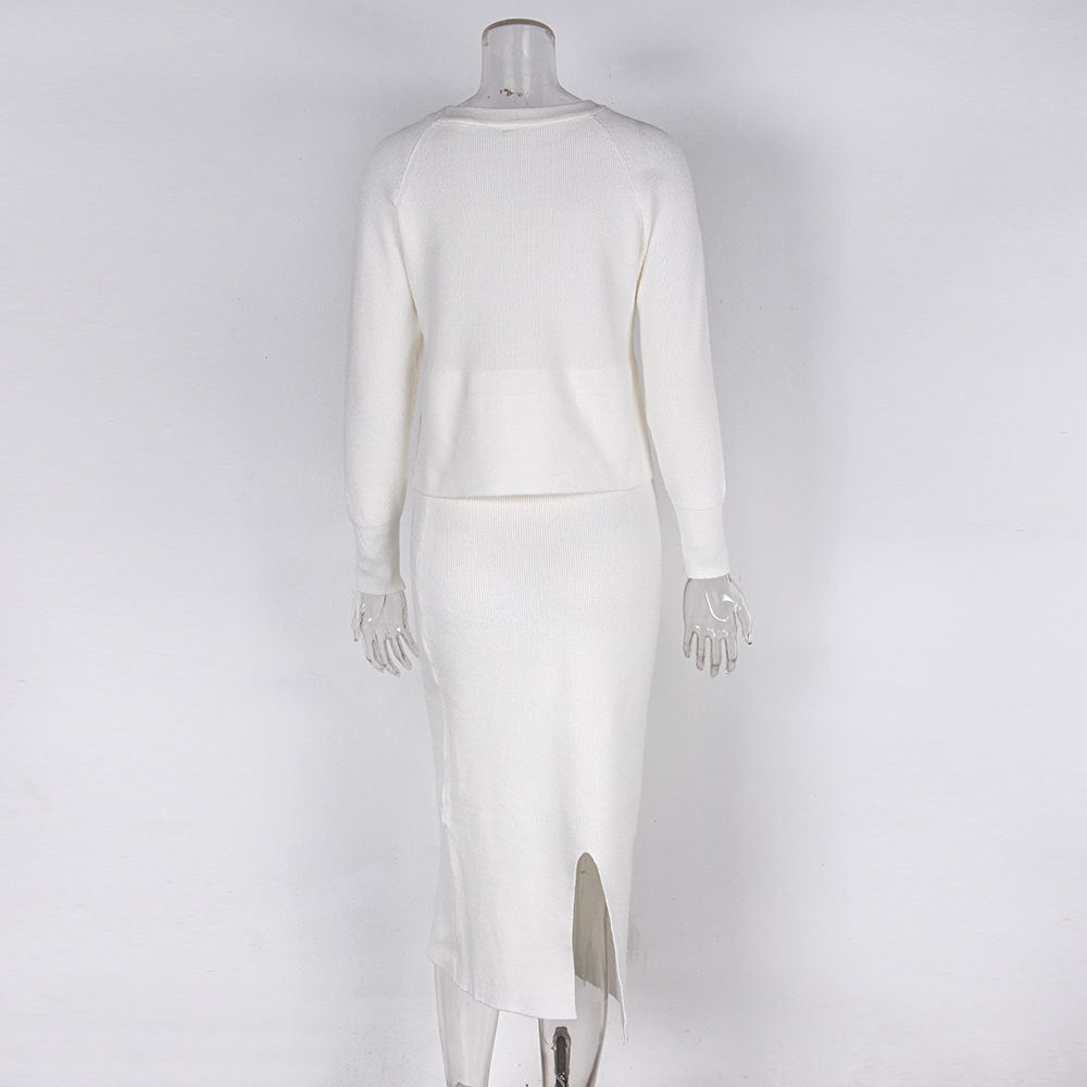 Women's Knitted Long Sleeved Jumper and Long Slit Skirt Outfit Set - ChoreGirl
