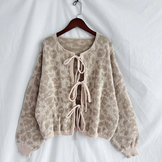 Women's Vintage Look Round Neck Leopard Print Knitted Cardigan with Tie-up Closure