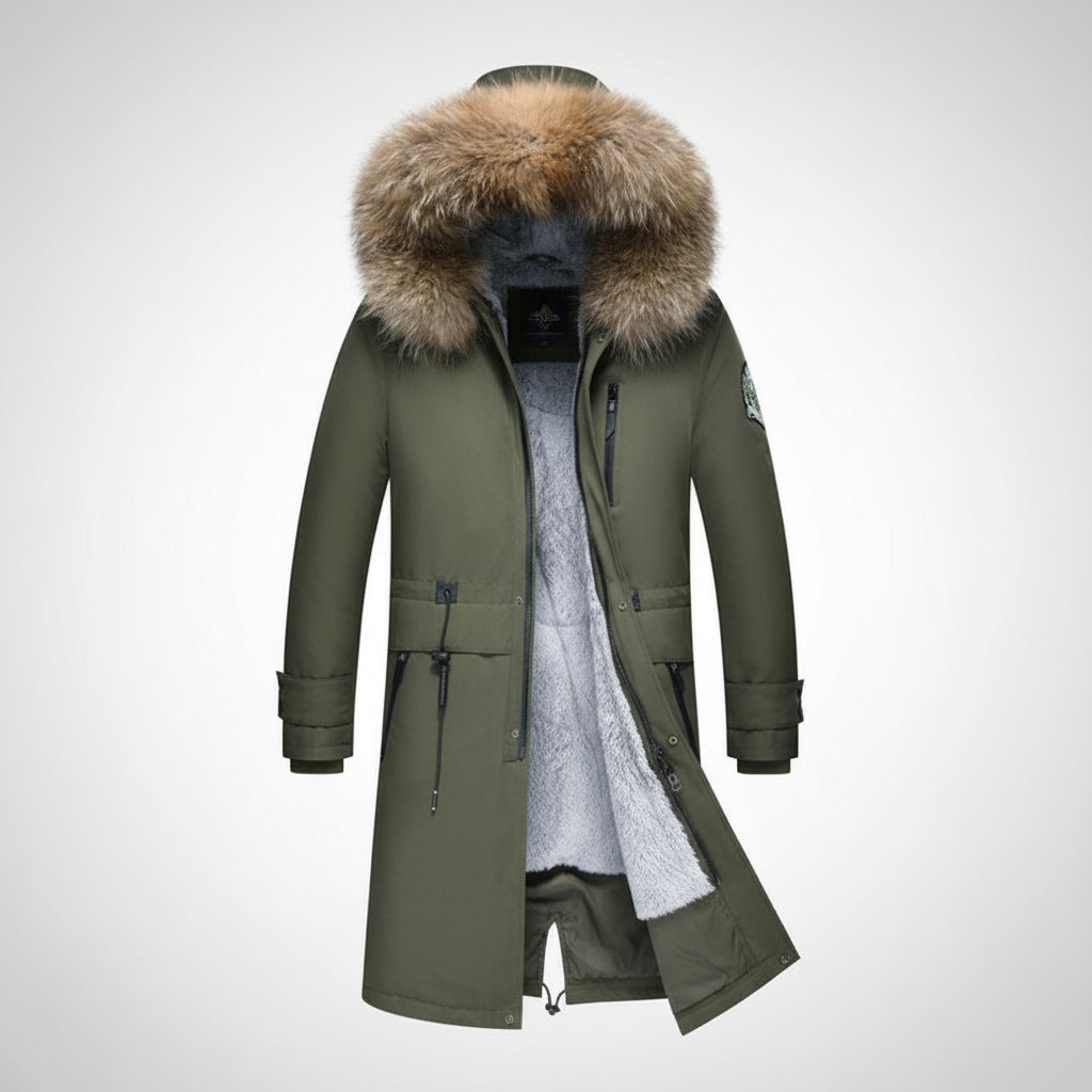 Green winter coat with fur-lined hood on a white background