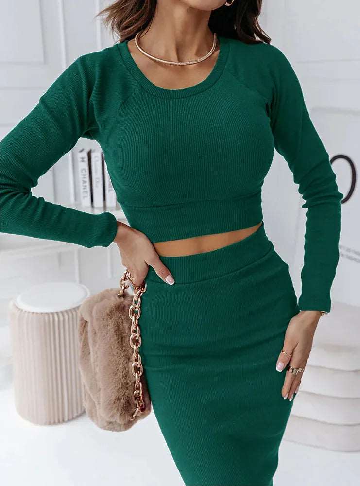 Women's Midi Length Skirt and Long Sleeve Top Two-piece Outfit Set - ChoreGirl