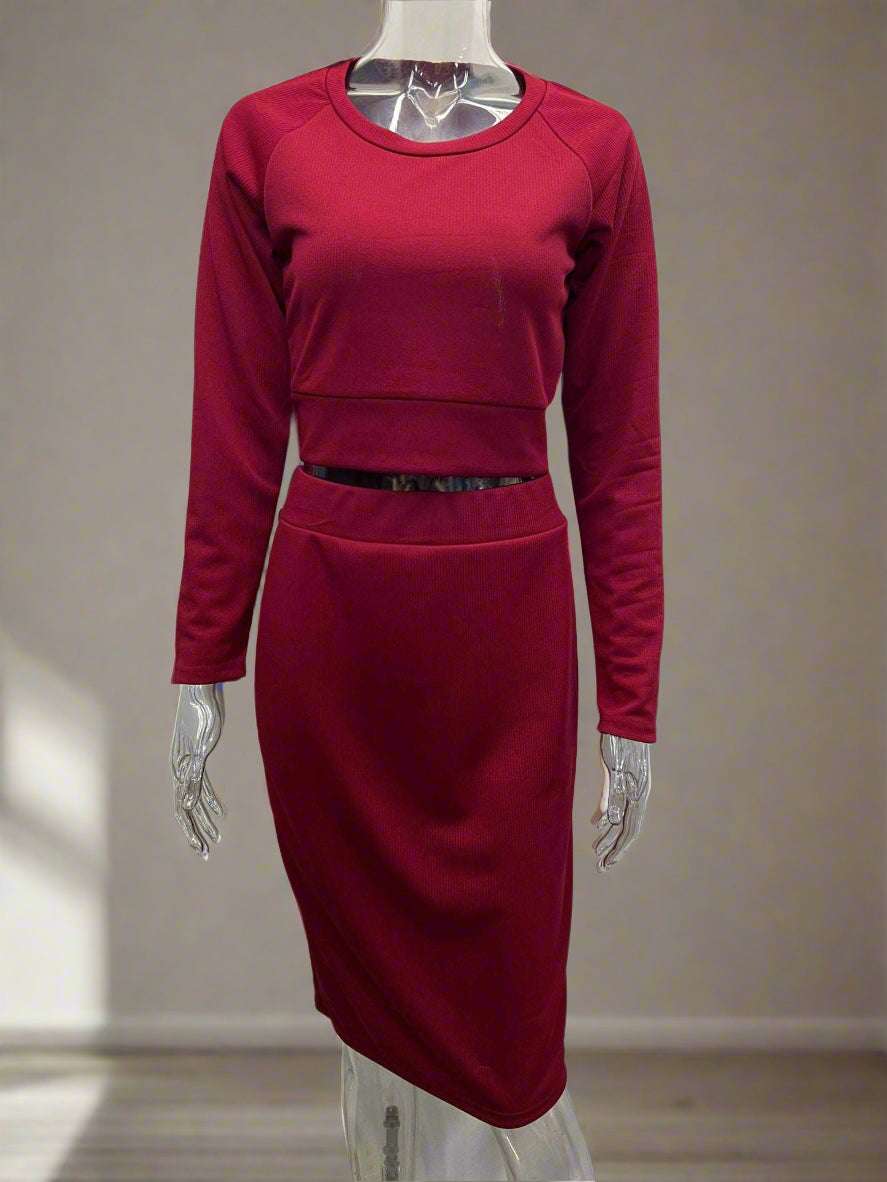 Women's Midi Length Skirt and Long Sleeve Top Two-piece Outfit Set - ChoreGirl