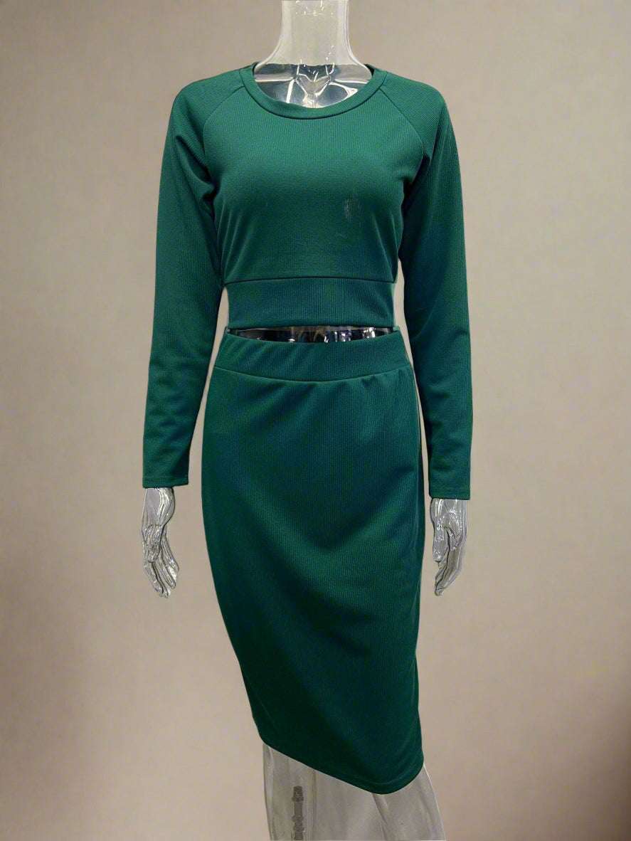 Women's Midi Length Skirt and Long Sleeve Top Two-piece Outfit Set - ChoreGirl