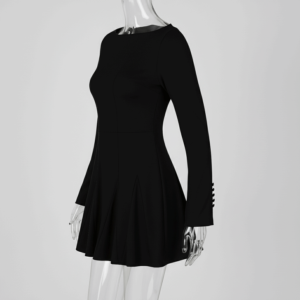 Black dress on a mannequin against a white background