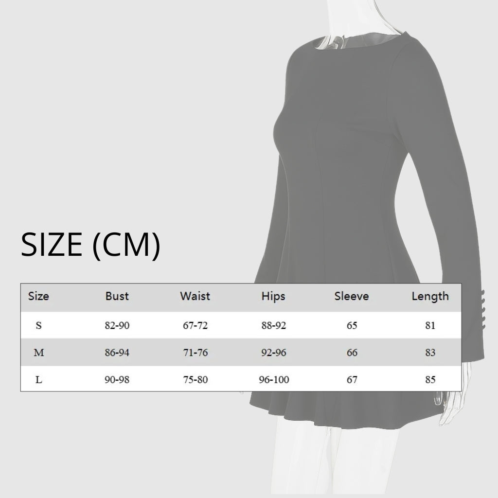 Black dress on a mannequin with size chart displayed