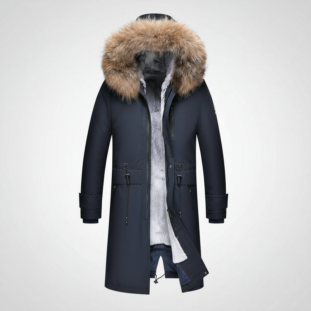 Blue grey winter coat with fur-lined hood on a white background