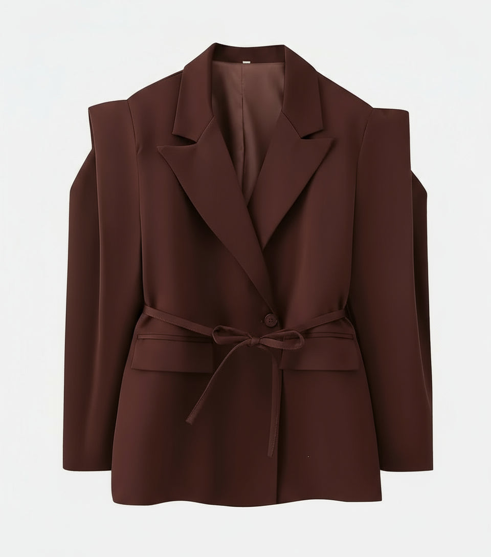 Brown blazer with a belt on a white background