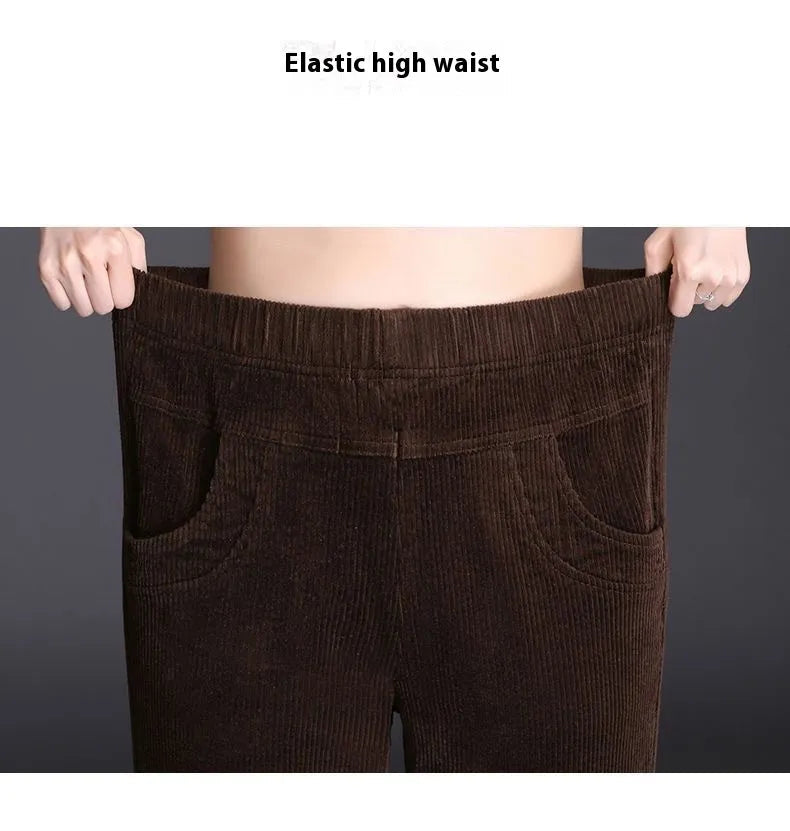 Brown corduroy pants with an elastic high waist feature, displayed on a plain background.