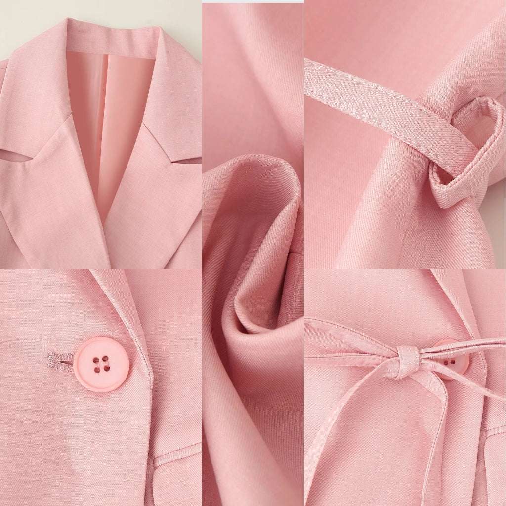 Collage of a pink blazer with close-up details on a light background