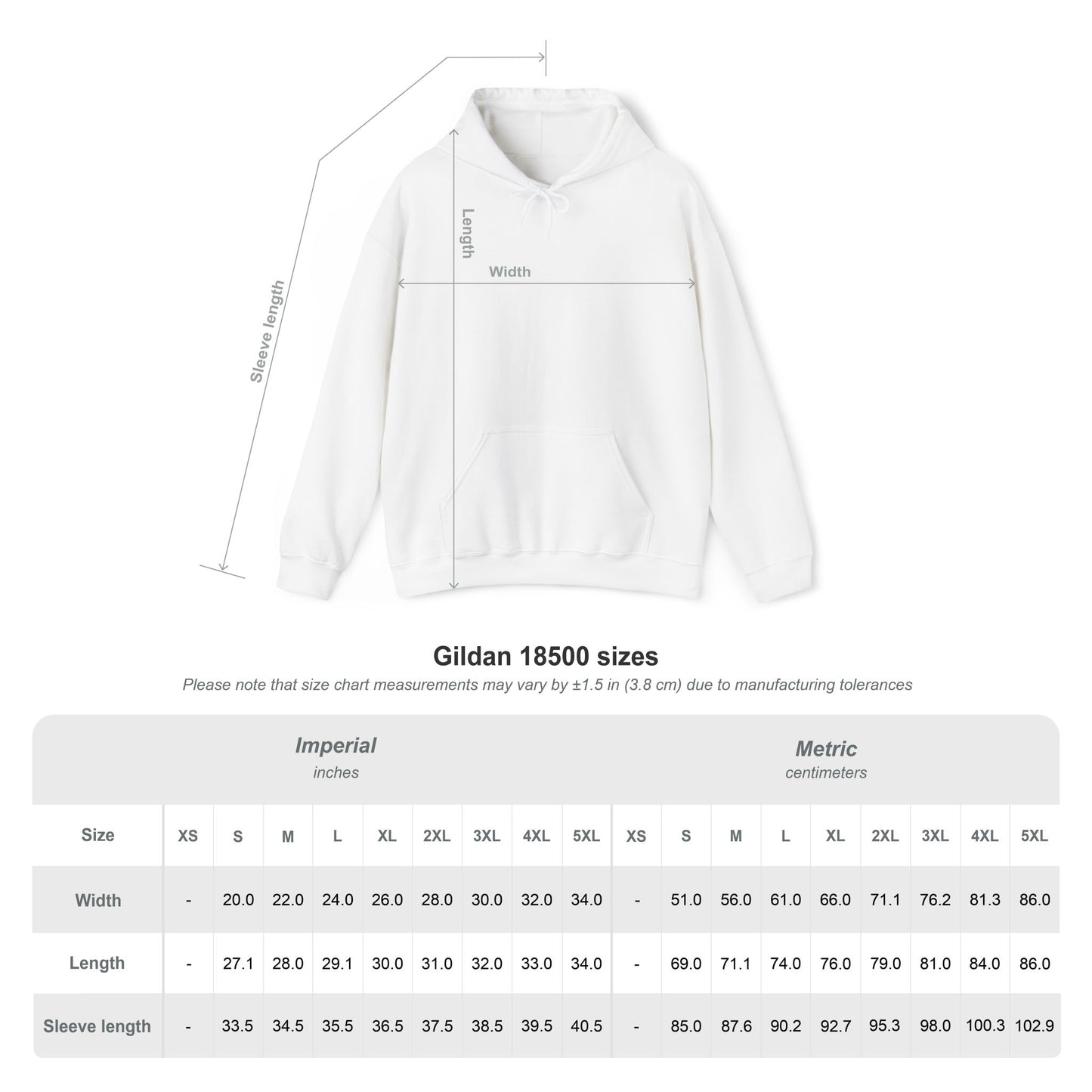 White hoodie with size chart on a white background