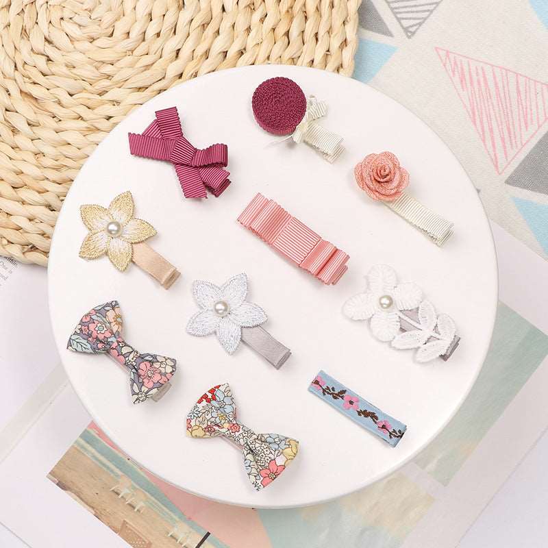 Girls Flower Bow Tie Lace Pearl Barrettes Hair Accessories Set - ChoreGirl