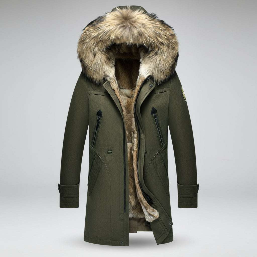 Green winter coat with fur-lined hood on a white background