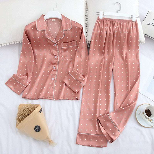 Women's Ice Silk Long Sleeved Shirt and Pants Pajamas Set - ChoreGirl