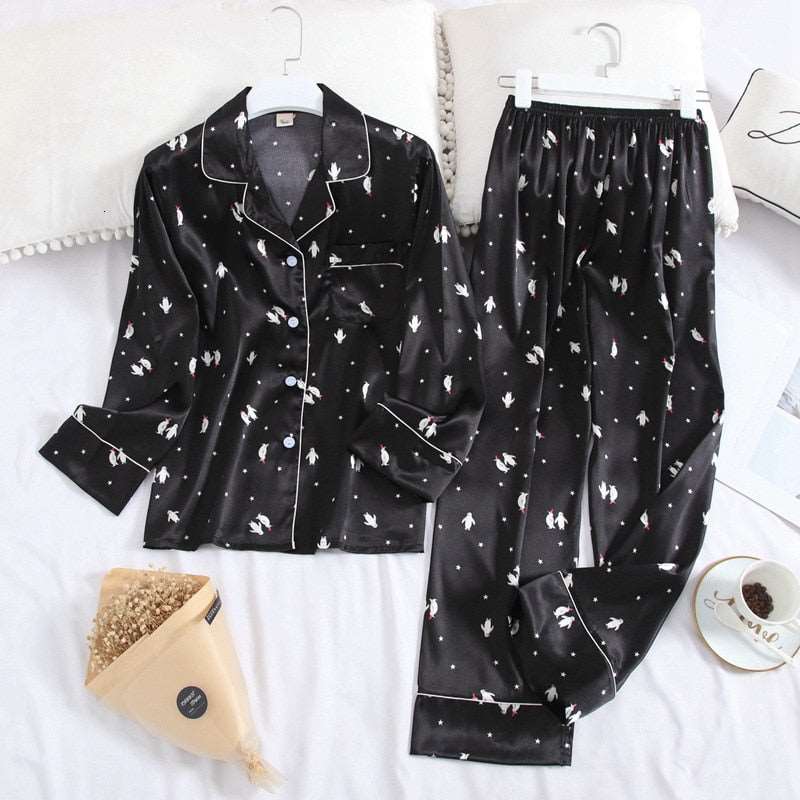 Women's Ice Silk Long Sleeved Shirt and Pants Pajamas Set - ChoreGirl