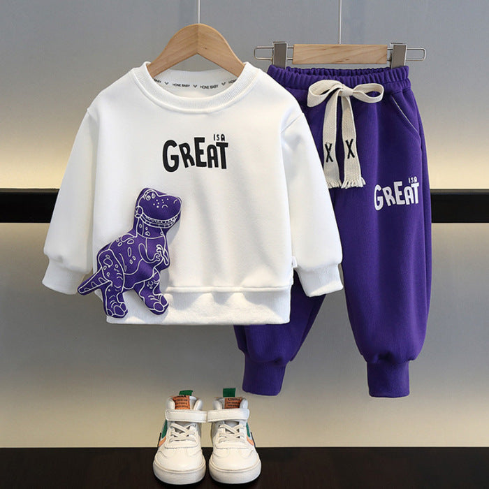 Boy's Casual Dinosaur Sweatshirt and Sweatpants Two Piece Outfit Set - ChoreGirl