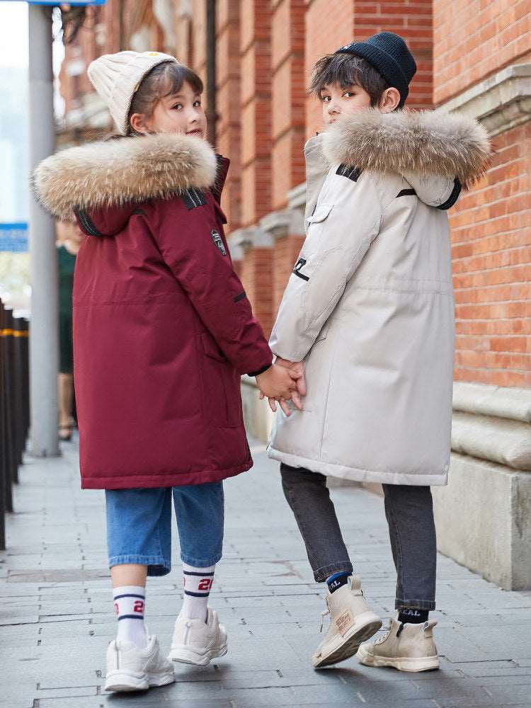 Kids Mid-length Thick Down Coat with Fur - ChoreGirl