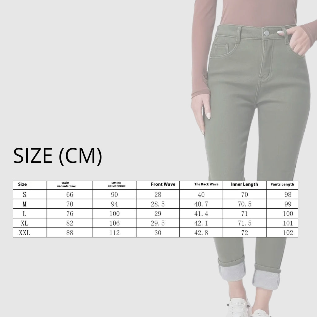 Light gray jeans with a size chart on a white background