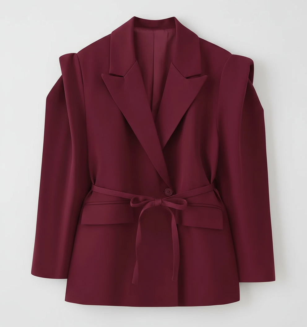 Maroon blazer with a belt on a white background