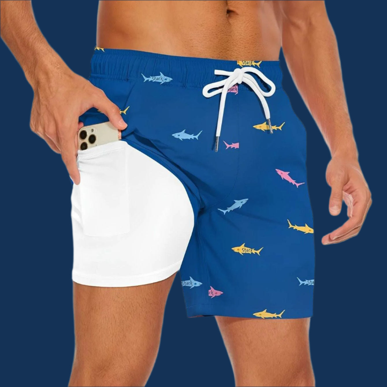 Men's Shark Figure Quick Dry Beach Swimming Shorts With Drawstring, Compression Liner and Zipper Pockets - ChoreGirl