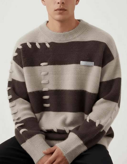 Person wearing a brown and beige striped sweater on a white background
