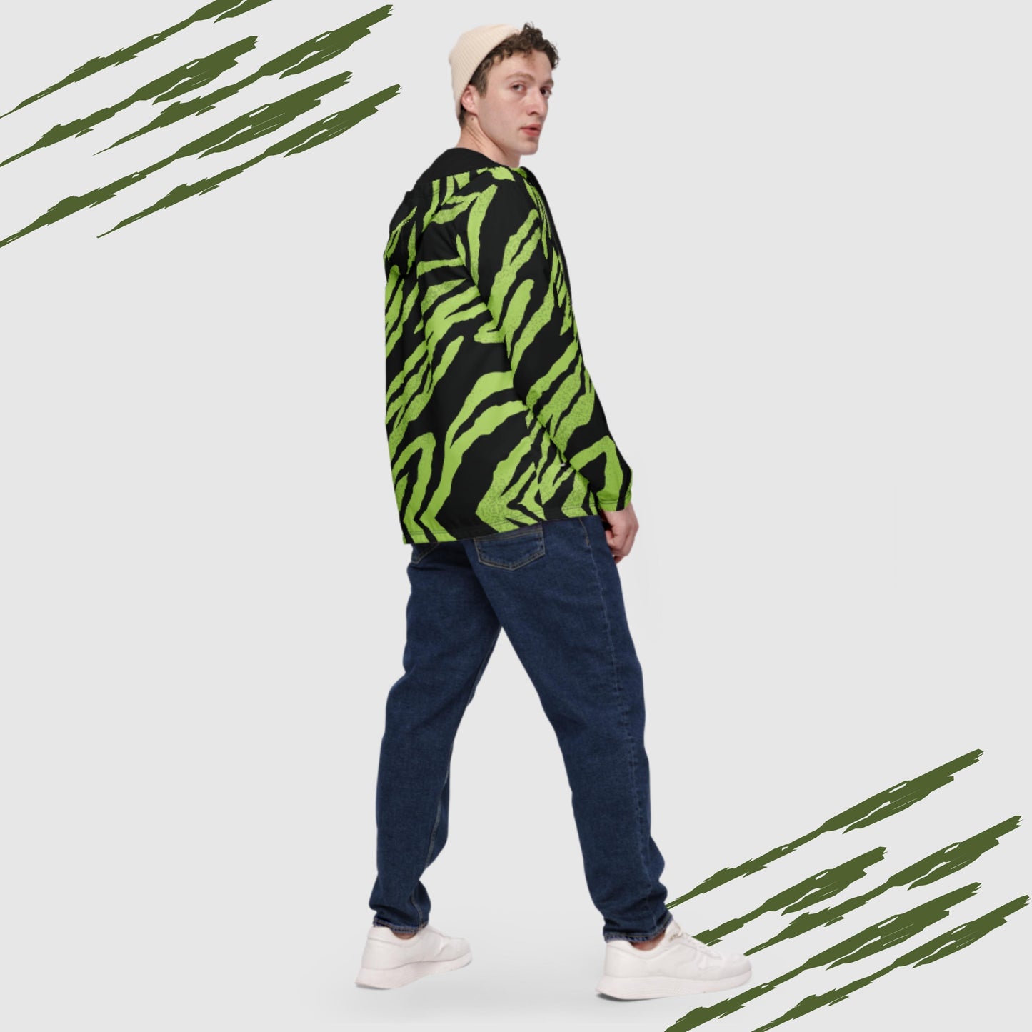 Custom Men’s Green Tiger Pattern Windbreaker Jacket | PERSONALIZED - ChoreGirl