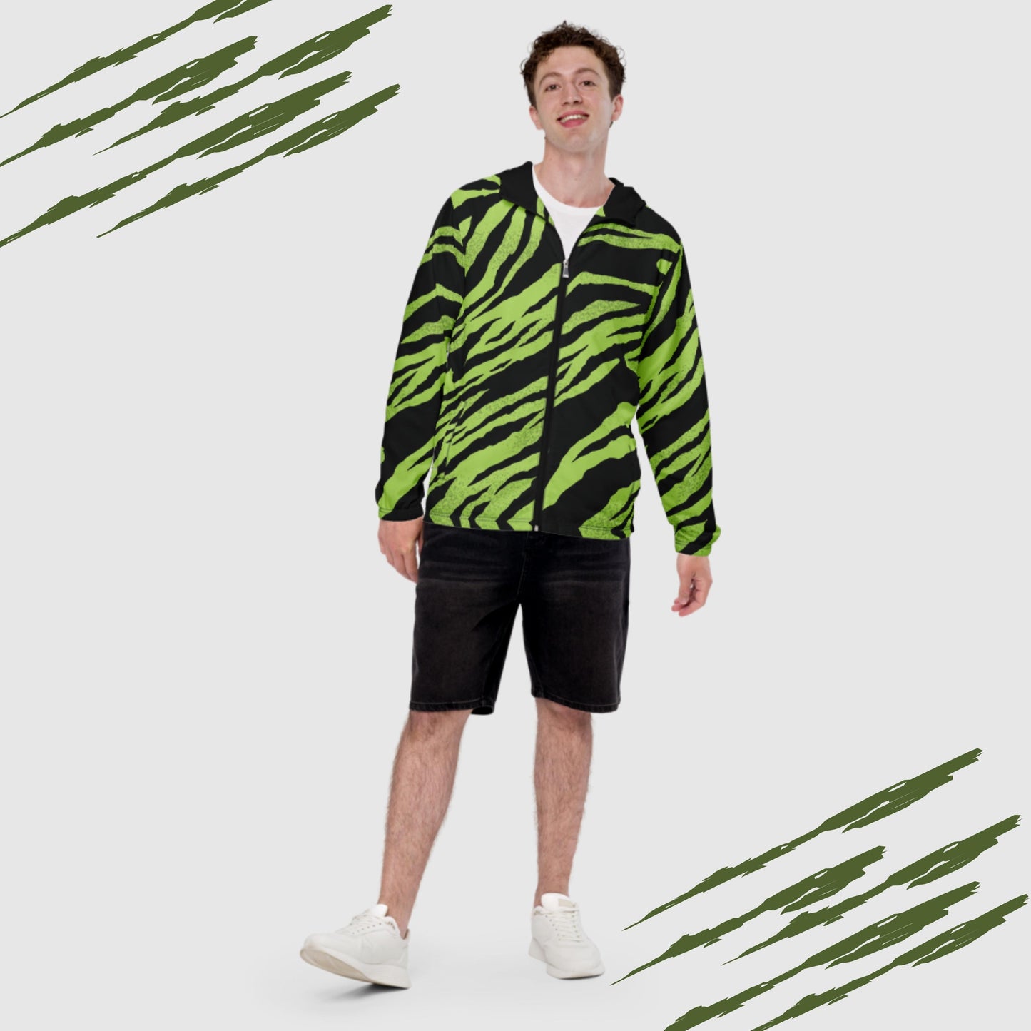 Custom Men’s Green Tiger Pattern Windbreaker Jacket | PERSONALIZED - ChoreGirl