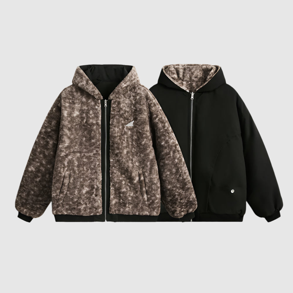 Men's Imitation Fur Leopard Print Double-sided Wear Cotton Coat Jacket with Hood - ChoreGirl