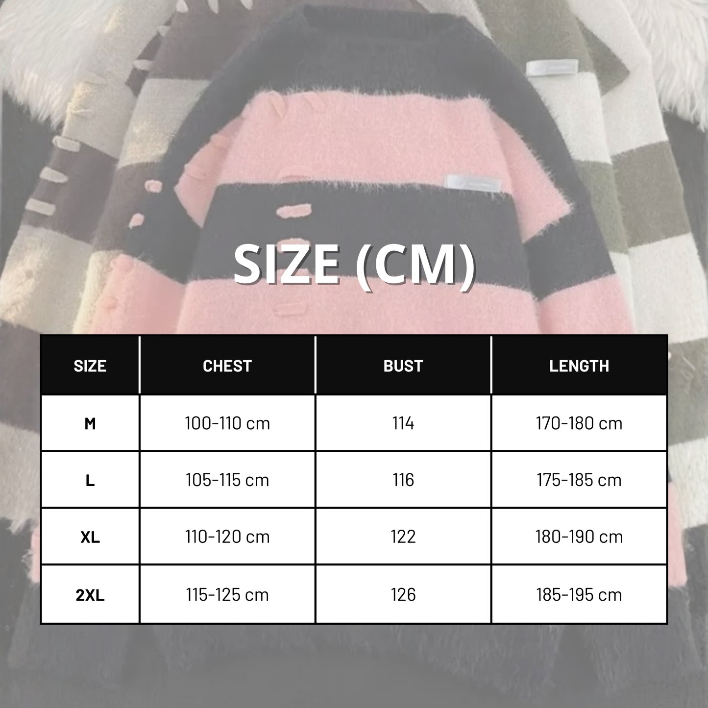 Size chart for a jacket with measurements in centimeters