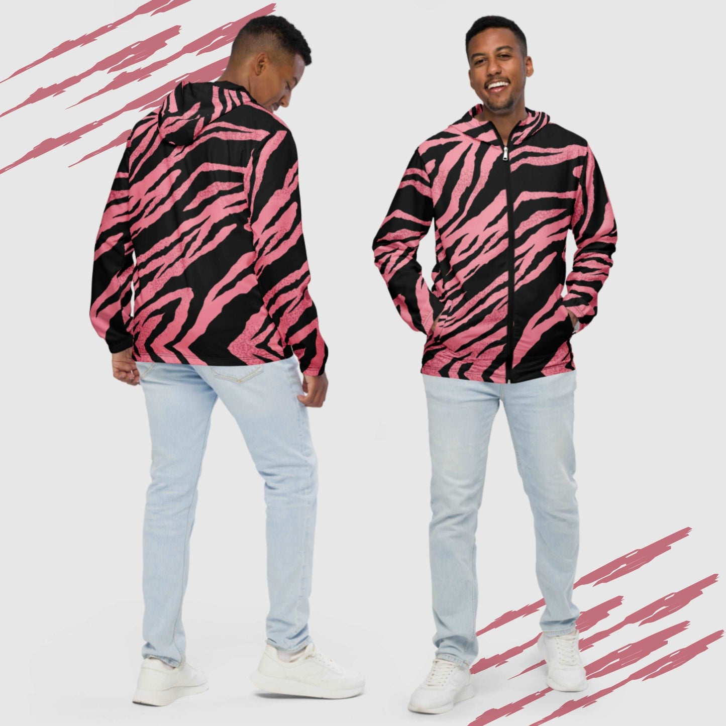 Custom Men’s Pink Tiger Pattern Windbreaker Jacket | PERSONALIZED - ChoreGirl