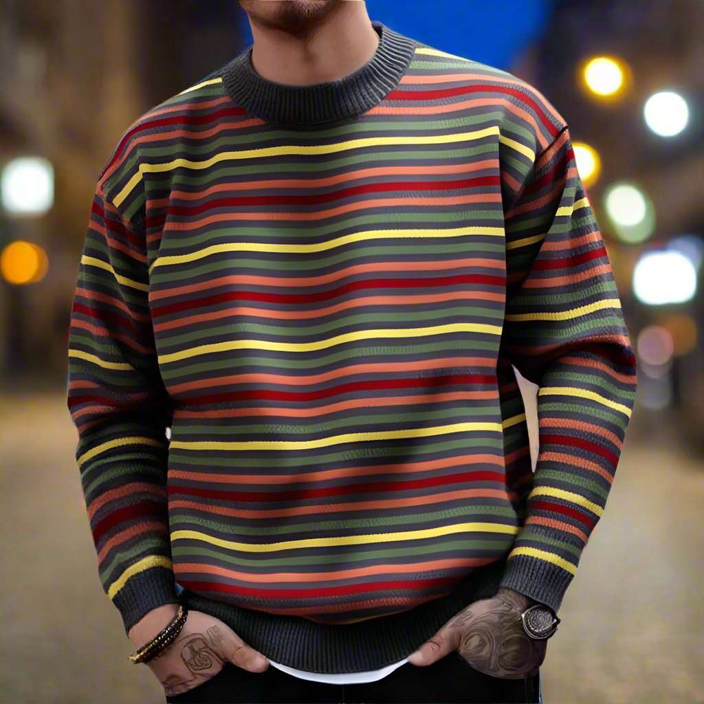 Men's Round Neck Thickened Retro Rainbow Jumper - ChoreGirl