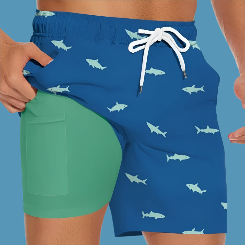 Men's Shark Figure Quick Dry Beach Swimming Shorts With Drawstring, Compression Liner and Zipper Pockets - ChoreGirl