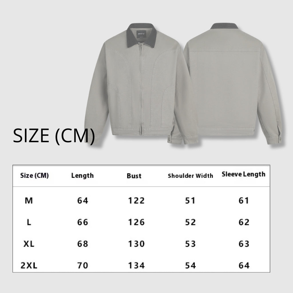 Gray jacket shown from front and back with size chart on a light gray background