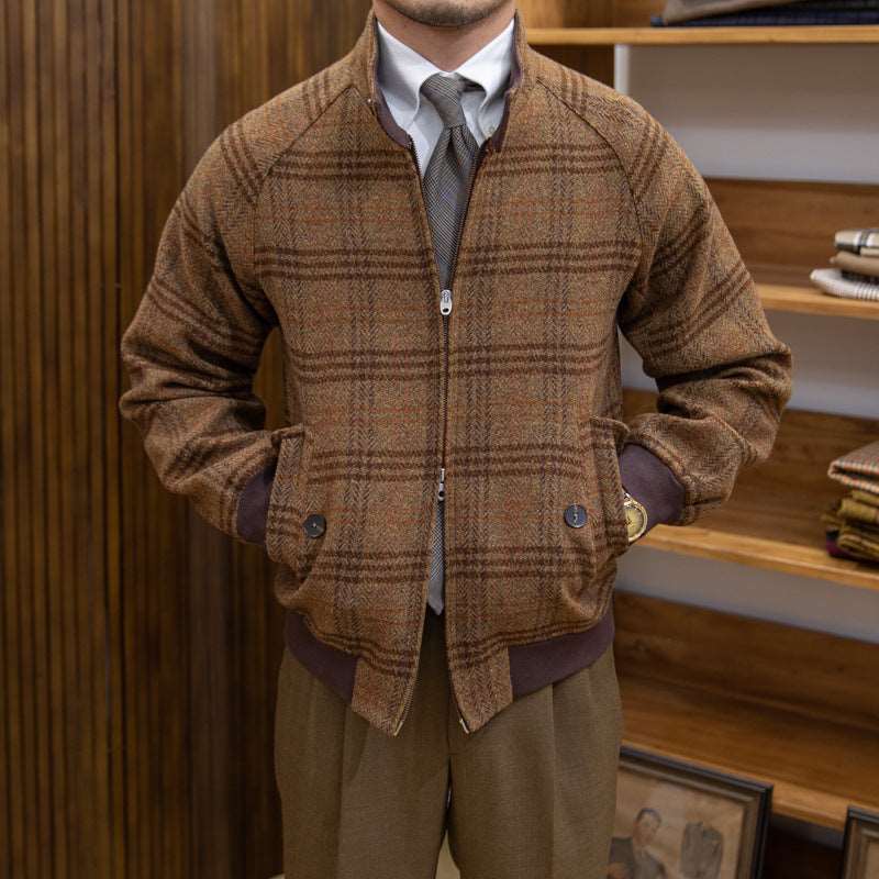 Men's Wool Slim-Fit Stand Collar Plaid Coat - ChoreGirl