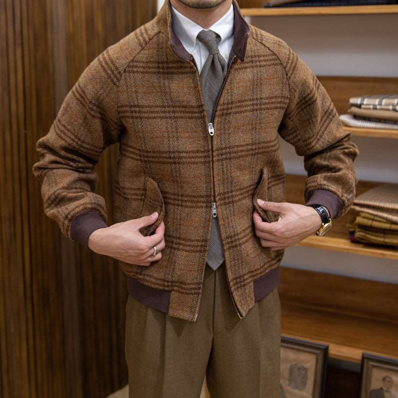 Men's Wool Slim-Fit Stand Collar Plaid Coat - ChoreGirl